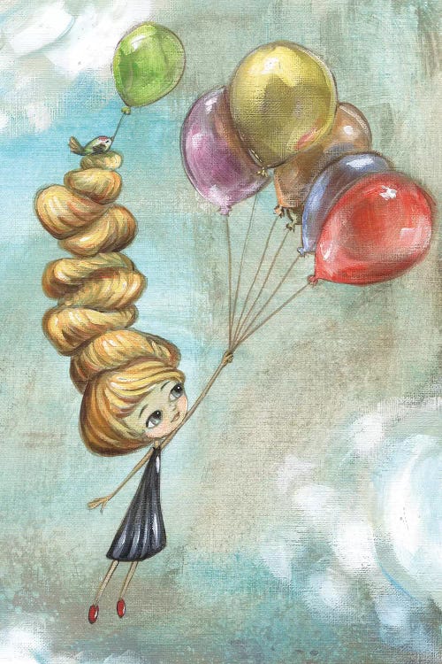 wall art of a little girl with tall blonde hair floating away holding onto balloons by iCanvas artist Heather Renaux