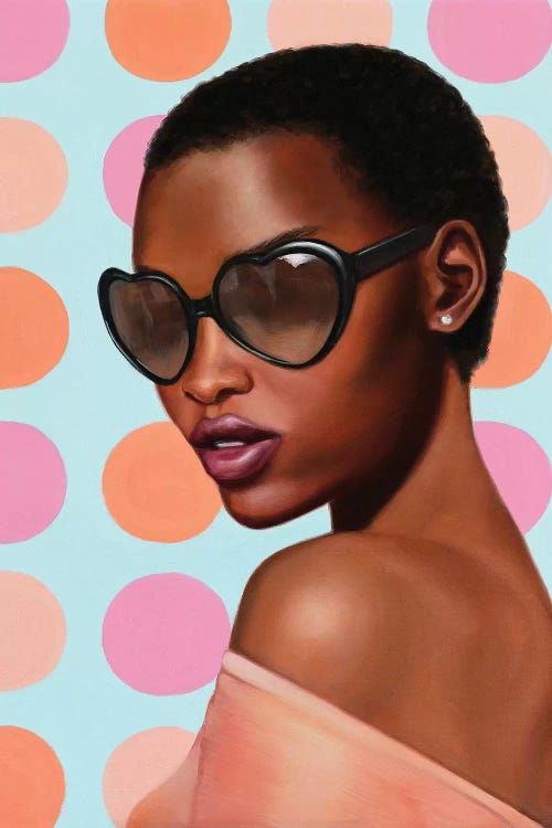 Portrait of black woman in heart sunglasses against pink polka dotted blue background by female artist Rose Morrison