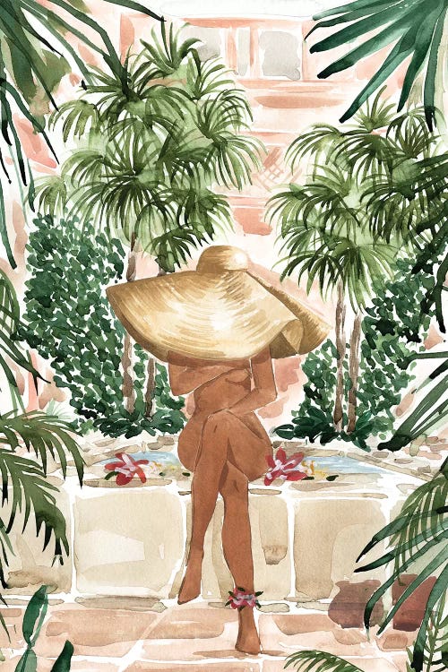 Wall art of a naked woman in a big sunhat surrounded by greenery by Sabina Fenn