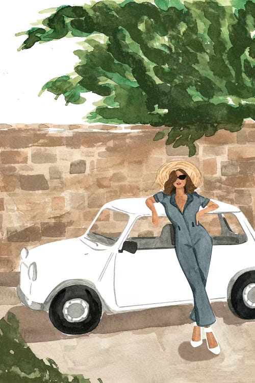 Wall art of a woman in sunhat leaning against a white car in front of brick wall and tree by Sabina Fenn