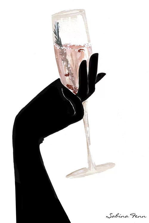 Wall art of a black hand holding up a glass of pink champagne with rosemary sprig inside by Sabina Fenn