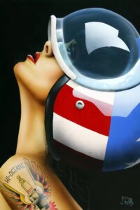 Make a Statement art of tattooed woman in red white and blue helment by iCanvas artist Scott Rohlfs