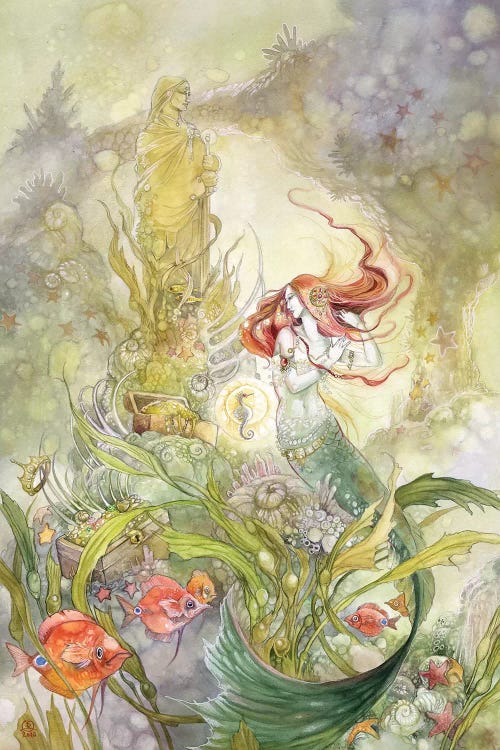 Fantasy art of a mermaid under the sea surrounded by fish and seaweed by female artist Stephanie Law