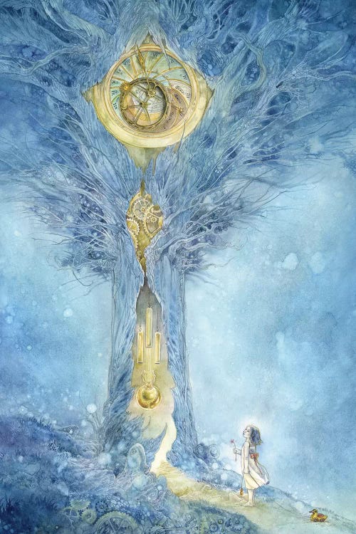 Fantasy art of little girl looking up at blue tree wiith gold clock within by Stephanie Law