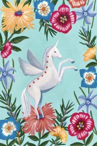 Wall art of a white unicorn surrounded by flowers by iCanvas artist Sally B