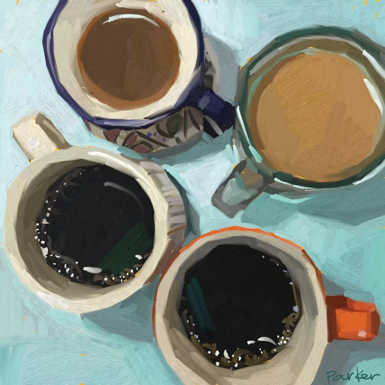 Oil painting of four coffee cups by iCanvas female artist Teddi Parker