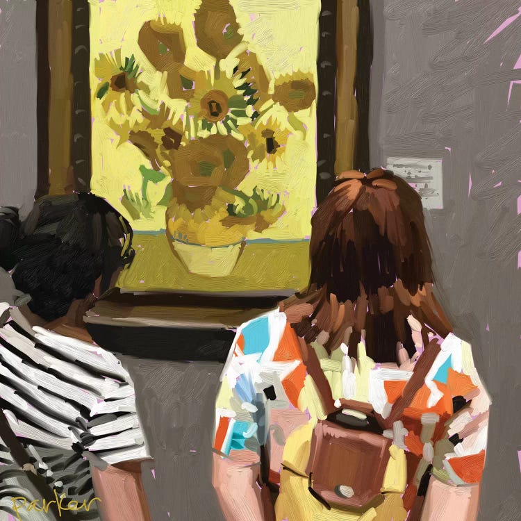 Oil painting of two women looking at Van Gogh's Sunflowers