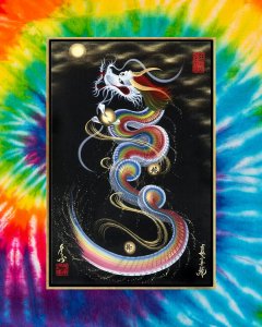 Framed wall art of a rainbow dragon looking at moon by One Stroke dragon against a tie dye background