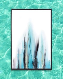 Framed wall art of blue and black streaks by Spellbound FineArt against an ocean background