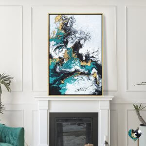 Blue green gold and white framed abstract art by Spellbound Fine Art hung above a white fireplace