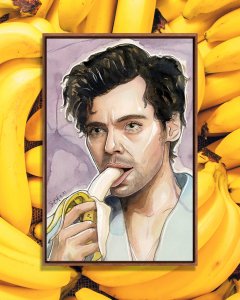 Portrait of Harry Styles eating a banana by iCanvas artist Sean Ellmore