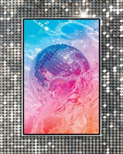 Wall art of a shiny disco ball in pink orange and blue water