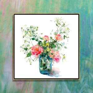 Wall art of a vase of pink and green flowers by Gosia Gregorczyk