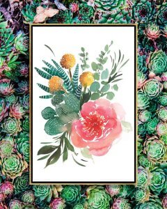 Wall art of a pink peony, yellow billy bobs and green succulents by Gosia Gregorczyk