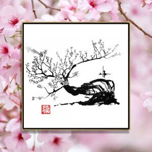 Framed wall art of an ink drawing of a cherry blossom tree by Pechane against pink collage of cherry blossoms