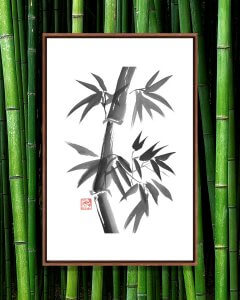 Framed ink drawing of a bamboo stalk by Pechane against a green bamboo background