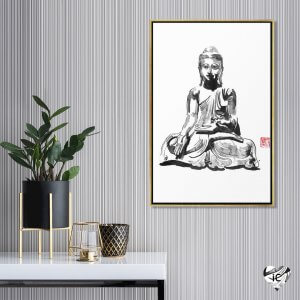 Gray and gold room featuring wall art of a buddha by iCanvas artist Pechane