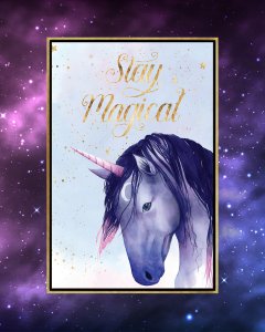 Celestial framed wall art of purple unicorn with stay magical written above by iCanvas artist Grace Popp