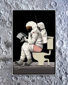 Wall art of spaceman sitting on a toilet reading the newspaper by iCanvas artist WyattDesign