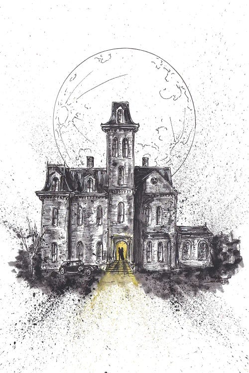 Drawing of the Addams Family House in front of a moon by iCanvas new artist Adam Michaels