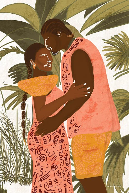 Wall art of a black couple in pink outfits in front of tropical trees by Manue Adoude