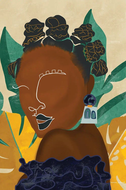 Illustration of a faceless black woman at the forefront of tropical plants by iCanvas new artist Manue Adoude