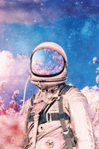 Astronaut space art featuring pink cherry blossoms and a blue cloudy sky by iCanvas artist Annisa Tiara Utami