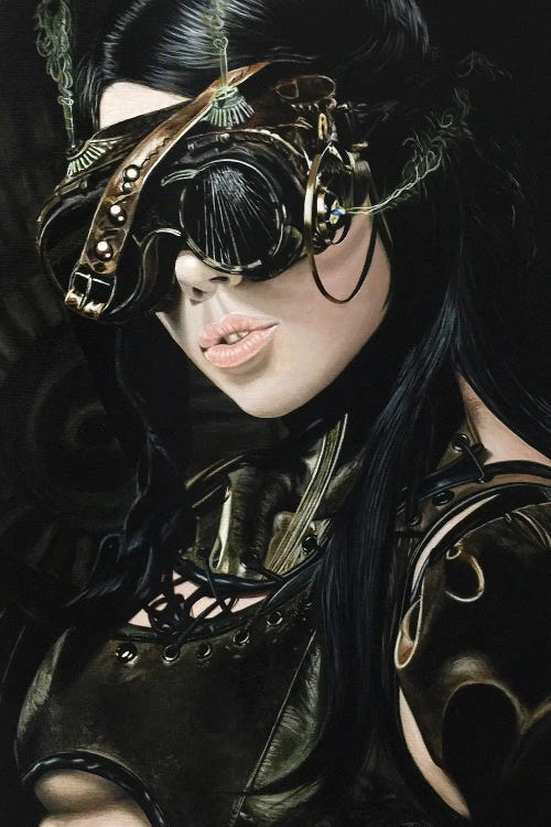 Photorealistic art of a woman wearing black gothic attire and glasses by new iCanvas creator J Bello Studio