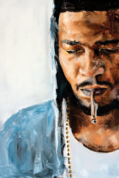 Portrait of Kid Cudi looking down and smoking by iCanvas artist Cody Senn