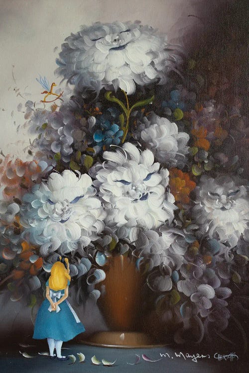 Wall art of Alice looking up at a bouquet of white flowers by iCanvas new artist Courtney Hiersche