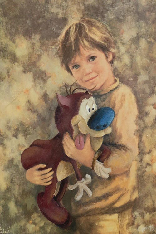 Portrait of a little blonde boy holding Taz by iCanvas artist Courtney Hiersche