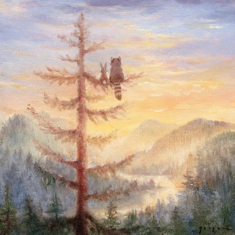 Painting of a rabbit and raccoon sitting on a tree branch gazing at mountains by iCanvas artist David Joaquin
