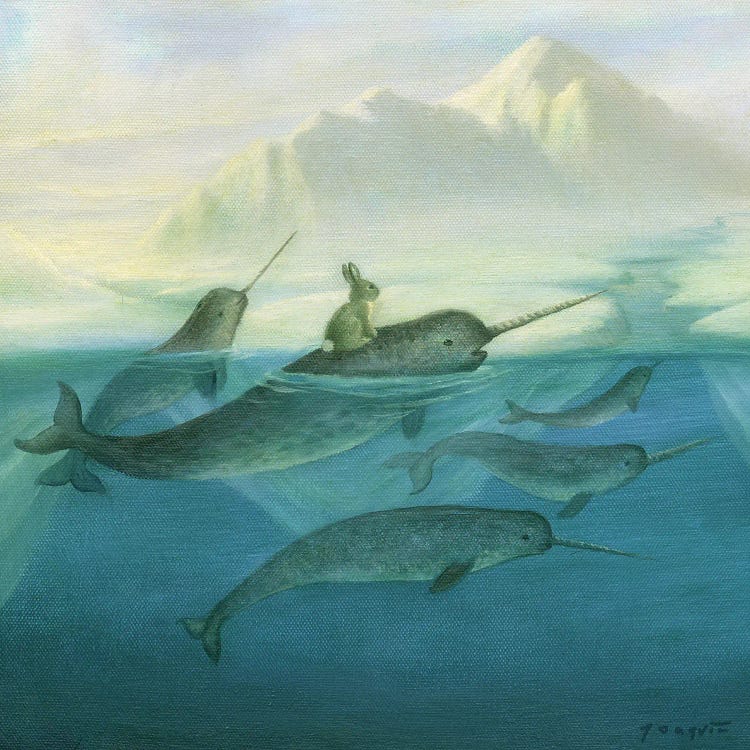 Painting of a family of narwhals under an ice berg with a rabbit atop one of them by David Joaquin