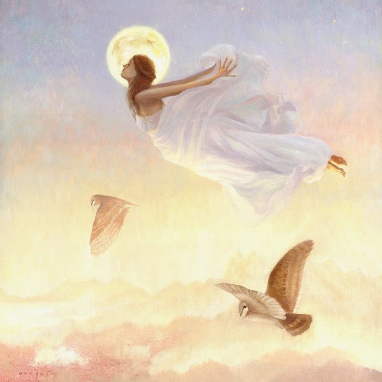 Painting of a woman flying in the sky above the cloud alongside owls by new icanvas creator David Joaquin