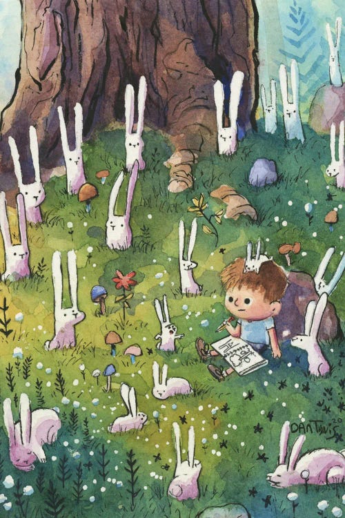 Wall art of a crowd of white bunnies sitting around a young boy under a tree by iCanvas artist Dan Tavis