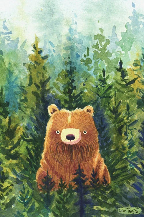 Illustration of a brown bear against green trees by new icanvas creator Dan Tavis