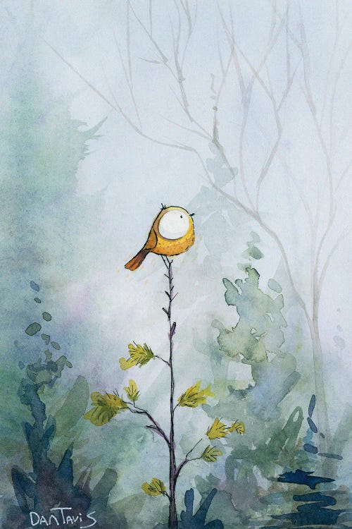 Illustration of a round yellow bird atop a skinny tree against a foggy wooded background by Dan Tavis