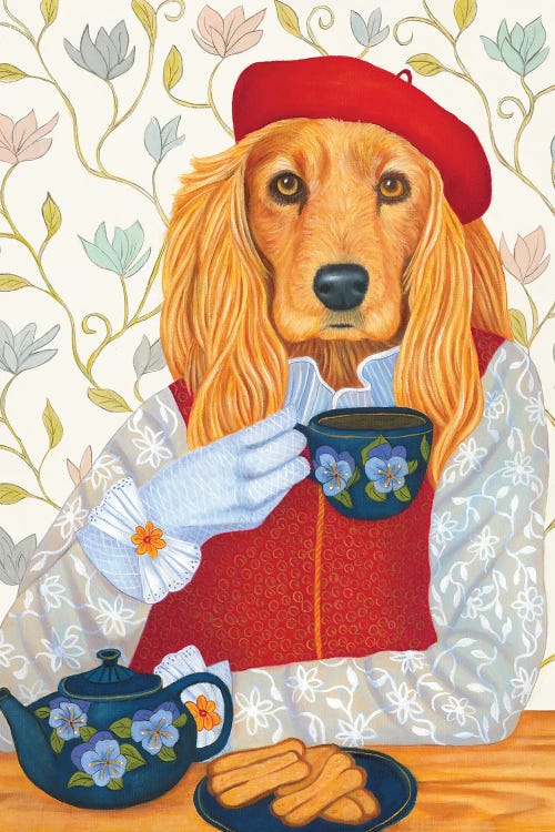 Wall art of a dog in beret drinking tea in front of floral wallpaper by Dawna Boehmer