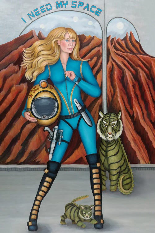 wall art of a blonde female astronaut with two tigers below words I Need My Space by Dawna Boehmer