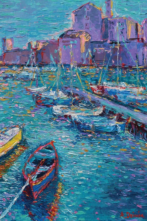 Impressionistic painting of fishing boats on the sea by iCanvas artist Adriana Dziuba