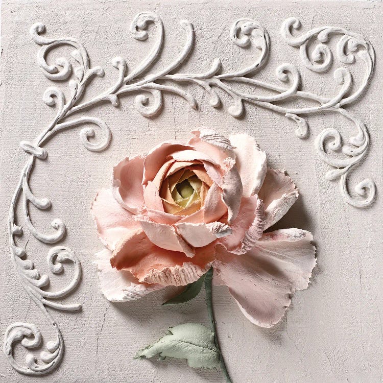 White wall art with vintage design above pink rose by Evgenia Ermilova