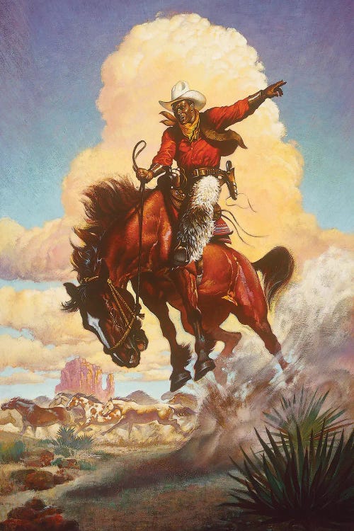 Fine art painting of a Black cowboy riding a bucking pony in the west