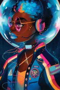 Colorful wall art of a Black woman wearing a spacesuit with glasses and blue lipstick by iCanvas artist Geneva B