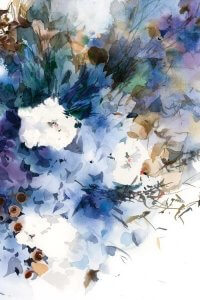 Wall art of blue white and purple flowers by 5 Questions With featured artist