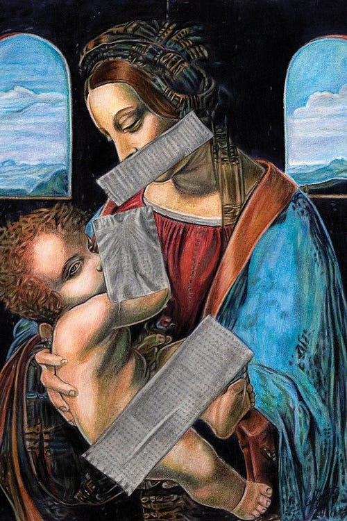 Wall art of a classic painting of woman breastfeeding with duct tape censoring it by new creator Garnett Wyatt
