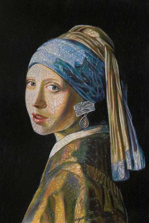 Reimagined woman with a pearl earring with duct tape holding on earring by iCanvas artist Garnett Wyatt