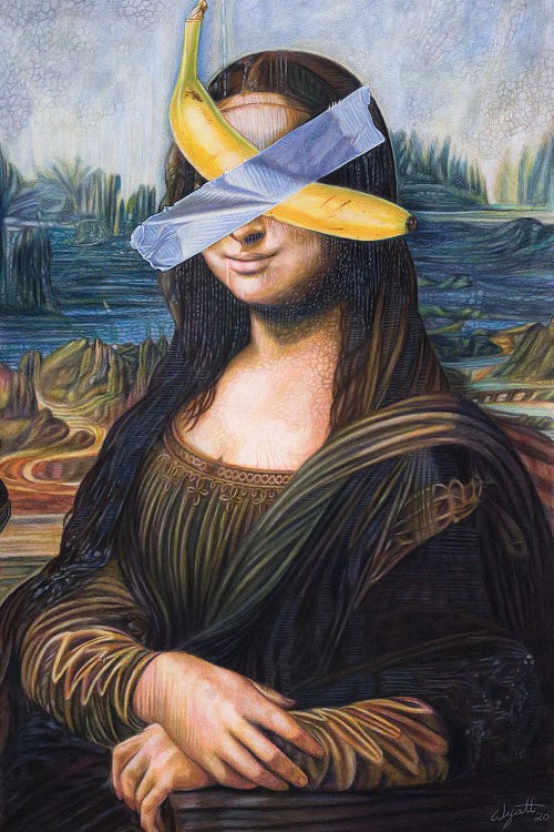 Wall art of Mona Lisa reimagined with a banana duct taped to her face by new iCanvas creator Garnett Wyatt