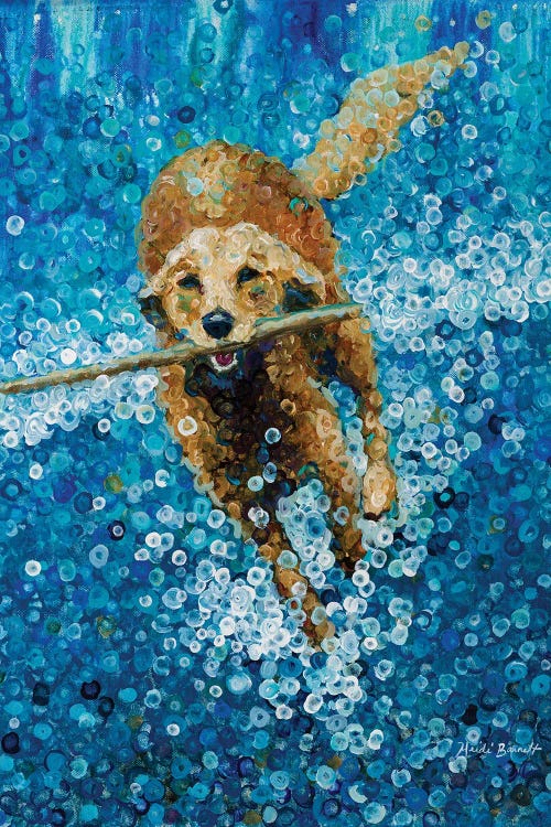 Painting of a golden retriever with a stick running through blue by Heidi Barnett