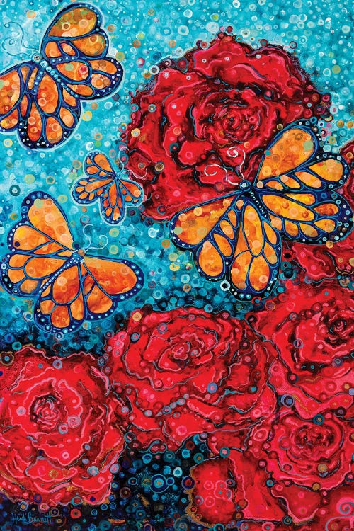 Wall art of red roses and orange butterflies against a blue background by iCanvas artist Heidi Barnett
