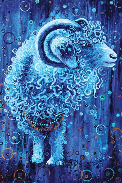 Painting of blue ram surrounded by circular shapes by iCanvas new artist Heidi Barnett